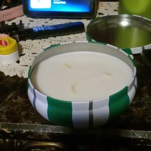 Green and White Striped Candle Tin Dolly Parton Brand New Scent Peppermint Patty